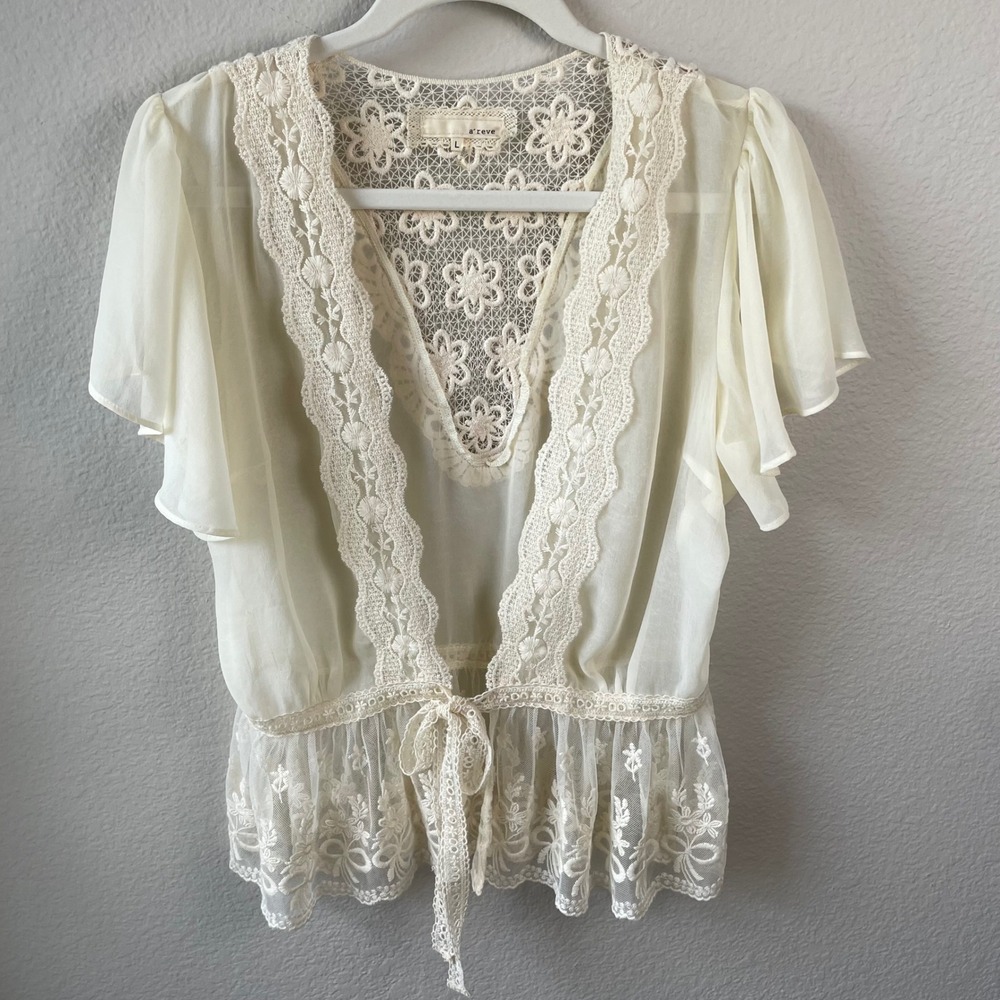 Vintage Style Cream Sheer Lace Blouse Tie Front Cardigan Boho Coquette Fairy L